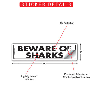 Beware Of Sharks Aluminum Sign or Vinyl Sticker - 12x3 Inch, Weatherproof Warning - 0