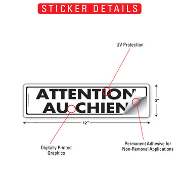 Attention Au Chien Beware Of Dog Aluminum Sign or Vinyl Sticker - 12x3 Inch, Weatherproof Yard - 0