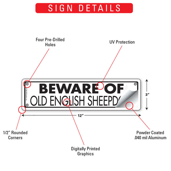 Beware Of Old English Sheepdog Sign or Sticker (12" x 3")