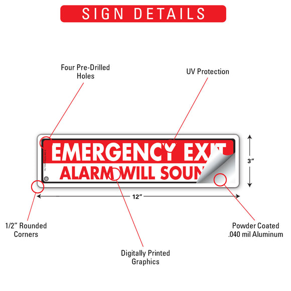 Emergency Exit - Alarm Will Sound Sign or Sticker (12" x 3")