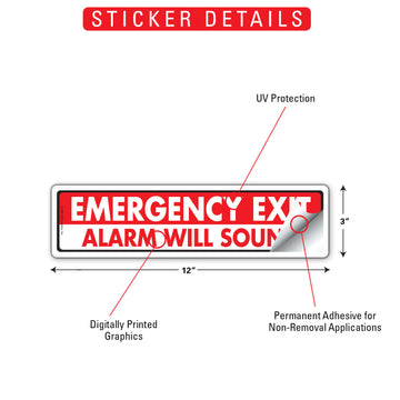 Emergency Exit - Alarm Will Sound Sign or Sticker (12" x 3") - 0