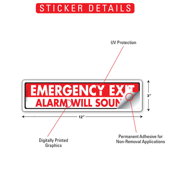 Emergency Exit - Alarm Will Sound Sign or Sticker (12" x 3")