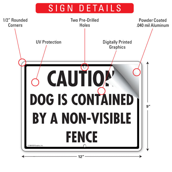 Caution - Dog Is Contained By A Non-Visible Fence Sign (12" x 9")
