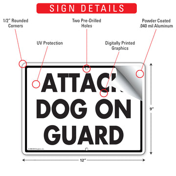 Attack Dog On Guard Aluminum Sign - 12x9 Inch, Heavy Duty Weatherproof Yard - 0
