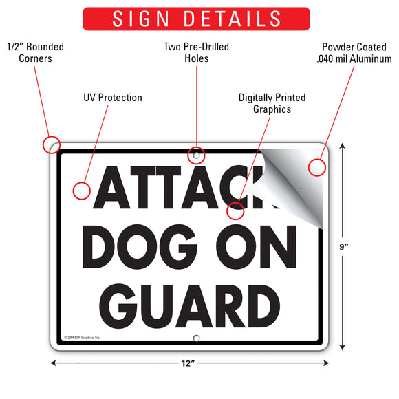 Attack Dog On Guard Sign (12" x 9")