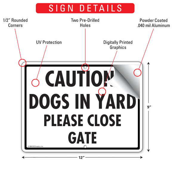 Caution! Dogs In Yard - Please Close Gate Sign (12" x 9")