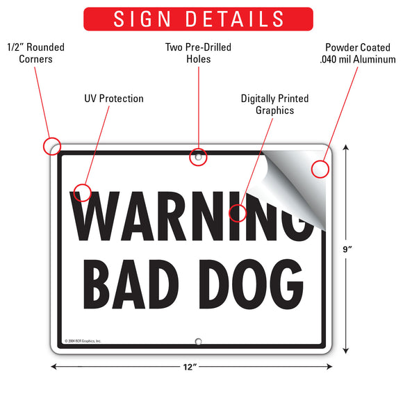 Warning Bad Dog Sign (12" x 9")