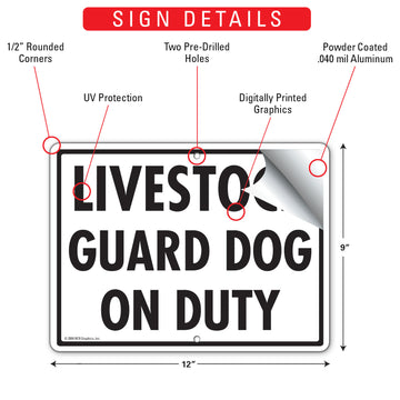 Livestock Guard Dog On Duty Aluminum Sign - 12x9 Inch, Heavy Duty Weatherproof Yard - 0