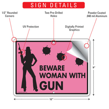 Beware! Woman With Gun Aluminum Sign (12" x 9") - 0