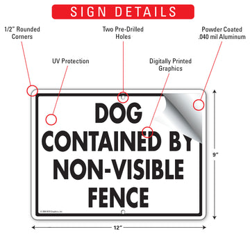 Dog Contained By Non-Visible Fence Aluminum Sign - 12x9 Inch, Heavy Duty Weatherproof Yard - 0