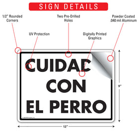 Cuidado Con El Perro (Beware of Dog) Sign (12" x 9") - 0