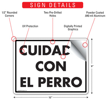 Cuidado Con El Perro Beware Of Dog Aluminum Sign - 12x9 Inch, Weatherproof Yard - 0