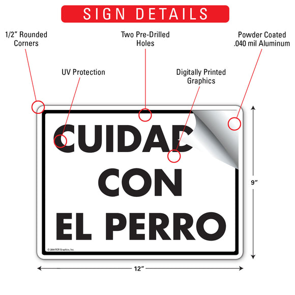 Cuidado Con El Perro (Beware Of Dog) Sign (12" x 9")