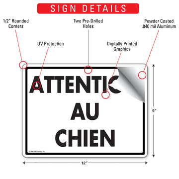 Attention Au Chien Beware Of Dog Aluminum Sign - 12x9 Inch, Weatherproof Yard - 0