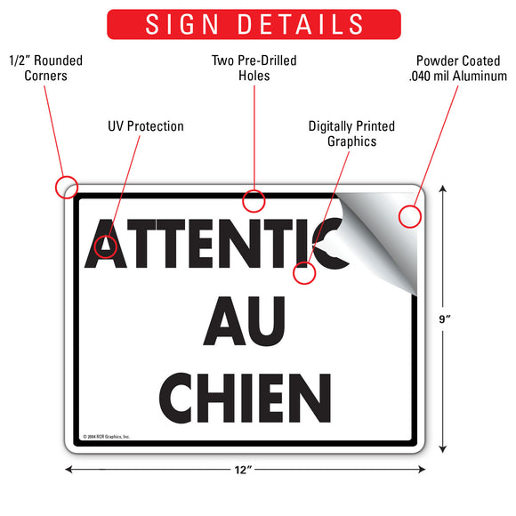 Attention Au Chien (Beware Of Dog) Sign (12" x 9")