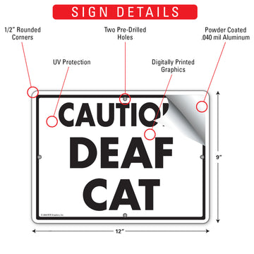 Caution Deaf Cat Aluminum Sign - 12x9 Inch, Weatherproof Yard - 0