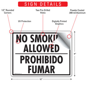 No Smoking Allowed - Prohibido Fumar Sign (12" x 9") - 0