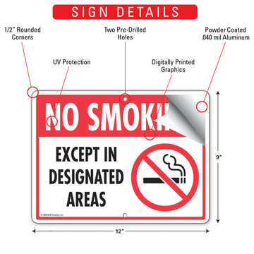 No Smoking - Except In Designated Areas Sign (12" x 9") - 0