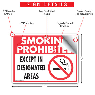 Smoking Prohibited - Designated Areas Sign (12" x 9") - 0