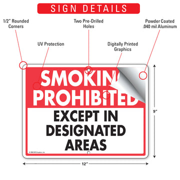 Smoking Prohibited - Designated Areas Sign (12" x 9") - 0