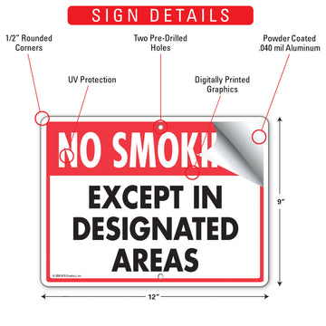 No Smoking - Except In Designated Areas Sign (12" x 9") - 0
