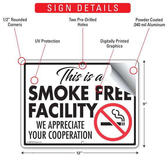 This Is A Smoke Free Facility Sign (12" x 9")