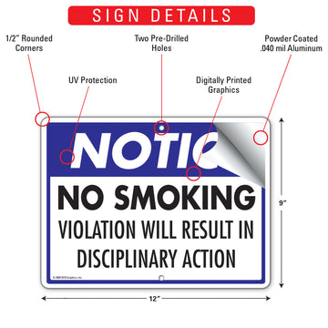 Notice - No Smoking Violation - Disciplinary Action Sign (12" x 9") - 0