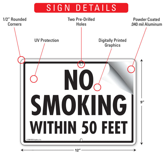 No Smoking Within 50 Feet Sign (12" x 9")