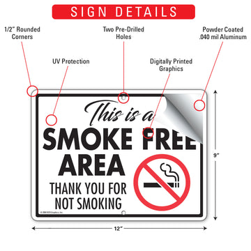 This Is A Smoke Free Area Sign - Thank You For Not Smoking (12" x 9") - 0