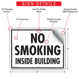 No Smoking Inside Building Sign (12" x 9") - 0