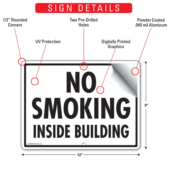 No Smoking Inside Building Sign (12" x 9")