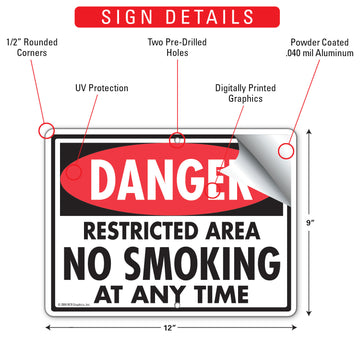 Danger! Restricted Area No Smoking At Any Time Sign (12" x 9") - 0