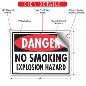 Danger! No Smoking Explosion Hazard Sign (12" x 9") - 0