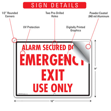 Alarm Secured Door - Emergency Exit Use Only Sign (12" x 9") - 0