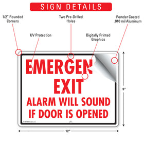 Emergency Exit - Alarm Will Sound If Door Is Opened Sign (12" x 9") - 0