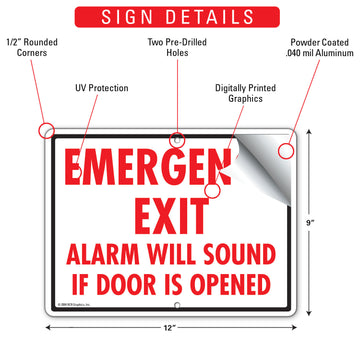 Emergency Exit - Alarm Will Sound If Door Is Opened Sign (12" x 9") - 0