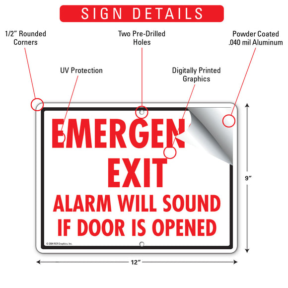 Emergency Exit - Alarm Will Sound If Door Is Opened Sign (12" x 9")