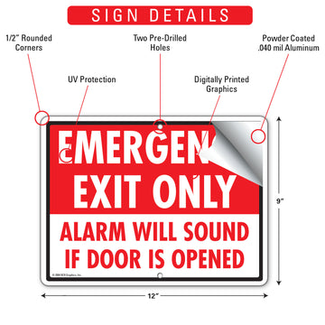 Emergency Exit Only - Alarm Will Sound If Door Is Opened Sign (12" x 9") - 0