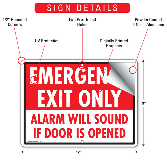 Emergency Exit Only - Alarm Will Sound If Door Is Opened Sign (12" x 9")