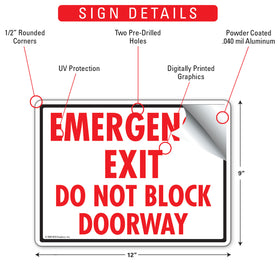 Emergency Exit - Do Not Block Sign (12" x 9") - 0