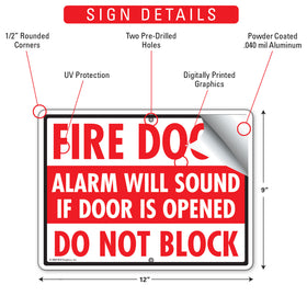 Fire Door - Do Not Block Sign (12" x 9") - 0