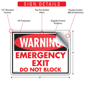 Warning - Emergency Exit - Do Not Block Sign (12" x 9") - 0