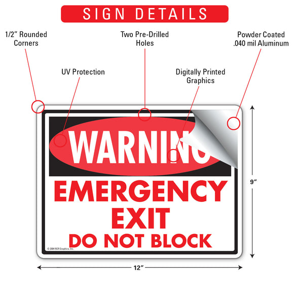 Warning - Emergency Exit - Do Not Block Sign (12" x 9")