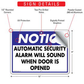 Notice! Automatic Security Alarm Will Sound Sign (12" x 9") - 0