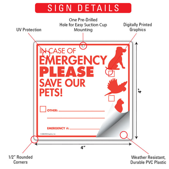 In Case Of Emergency Please Save Our Pets! Signs or Sticker - 4" x 4"