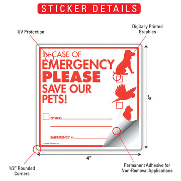 In Case Of Emergency Please Save Our Pets Plastic Sign or Vinyl Sticker – 4x4 Inch, Weatherproof Yard - 0