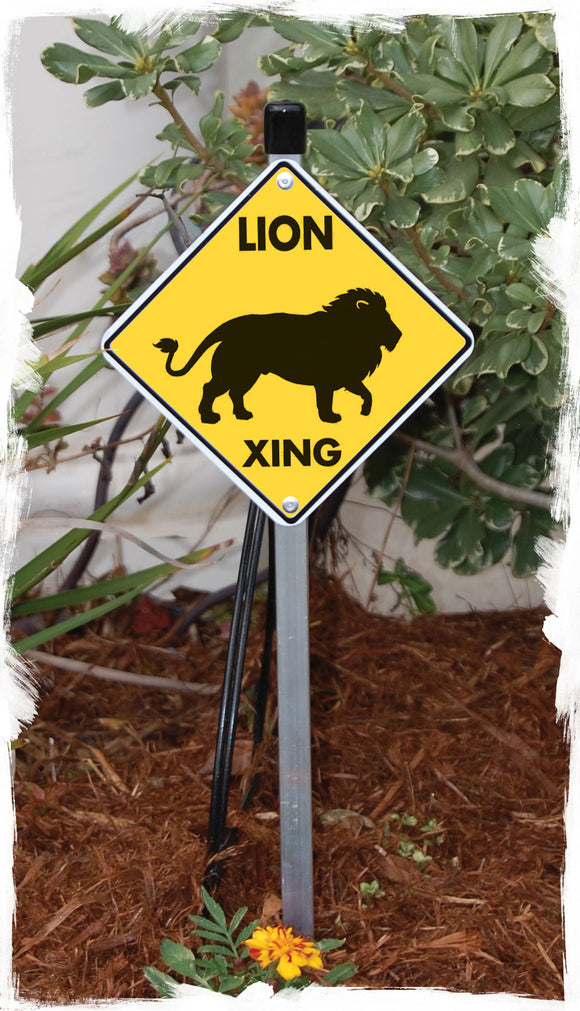 Lion Crossing Animal Aluminum Sign or Vinyl Sticker - Weatherproof Novelty