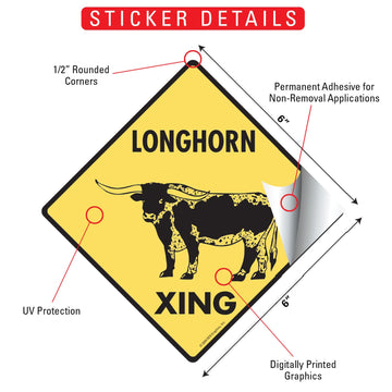 Longhorn Crossing Animal Aluminum Sign or Vinyl Sticker - Weatherproof Novelty - 0