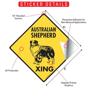 Australian Shepherd Crossing Dog Aluminum Sign or Vinyl Sticker - Weatherproof Novelty - 0