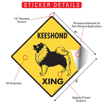 Keeshond Crossing Dog Aluminum Sign or Vinyl Sticker - Weatherproof Novelty - 0